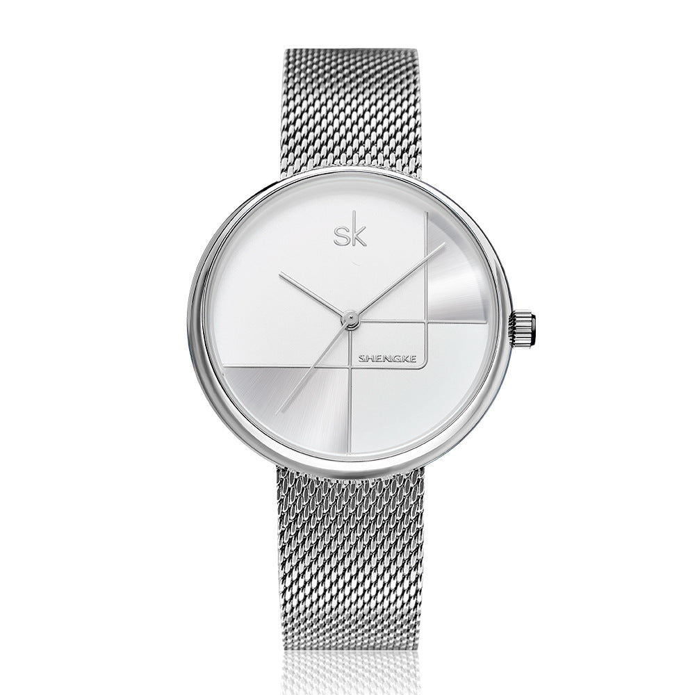 Reloj de cuarzo con correa de malla y diseño geométrico sencillo para mujer