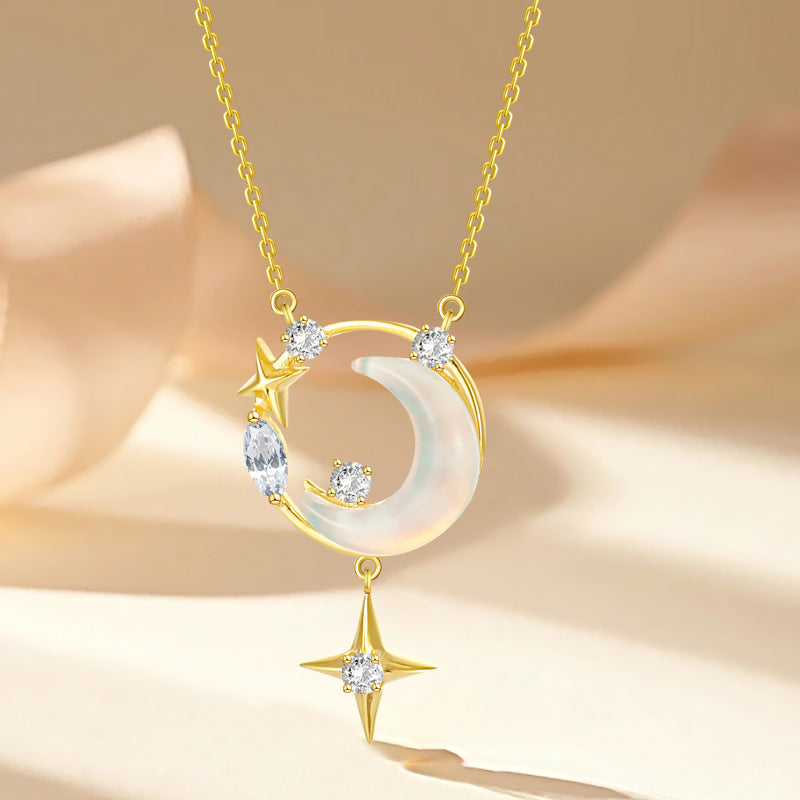 S925 Sterling Silber Stern Mond Halskette Damen Leichte Luxus-Minderheiten-Schlüsselbeinkette