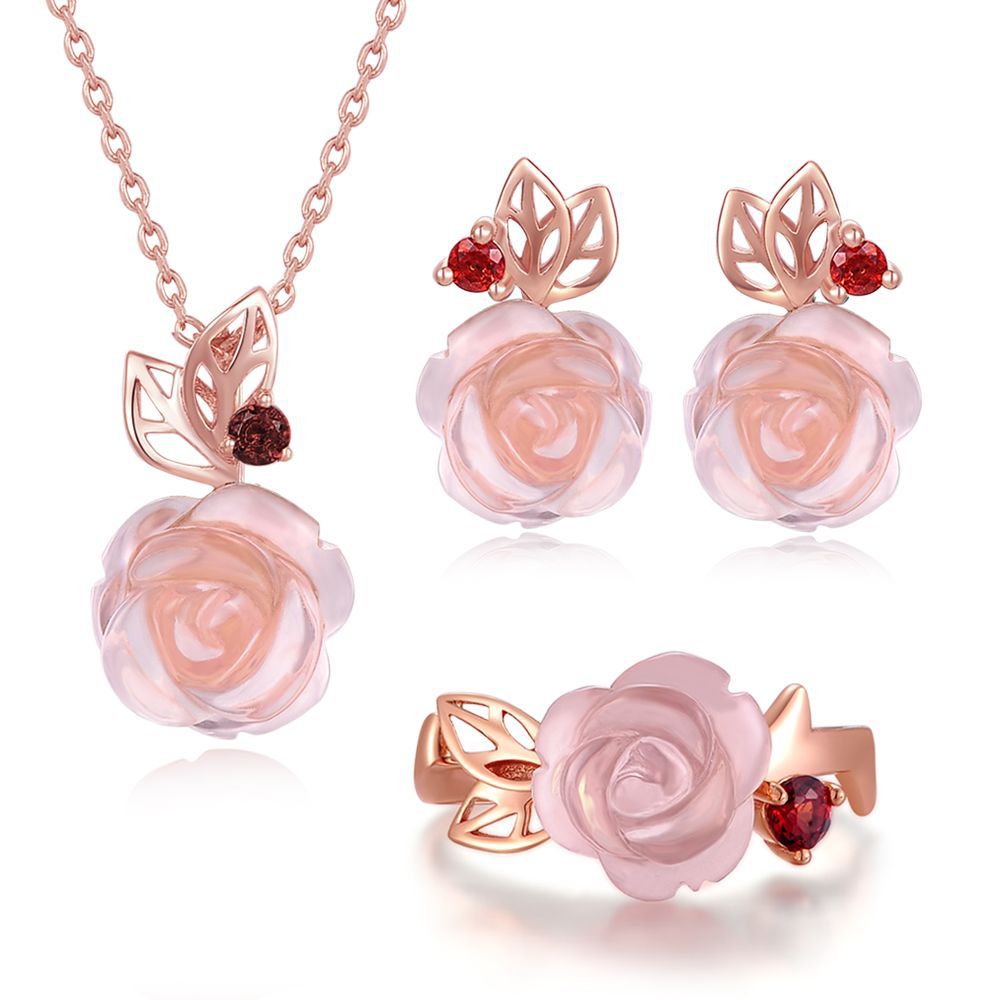 Blume Rosenquarz Edelsteine 18K Roségold plattiert Feiner Schmuck Silber Set