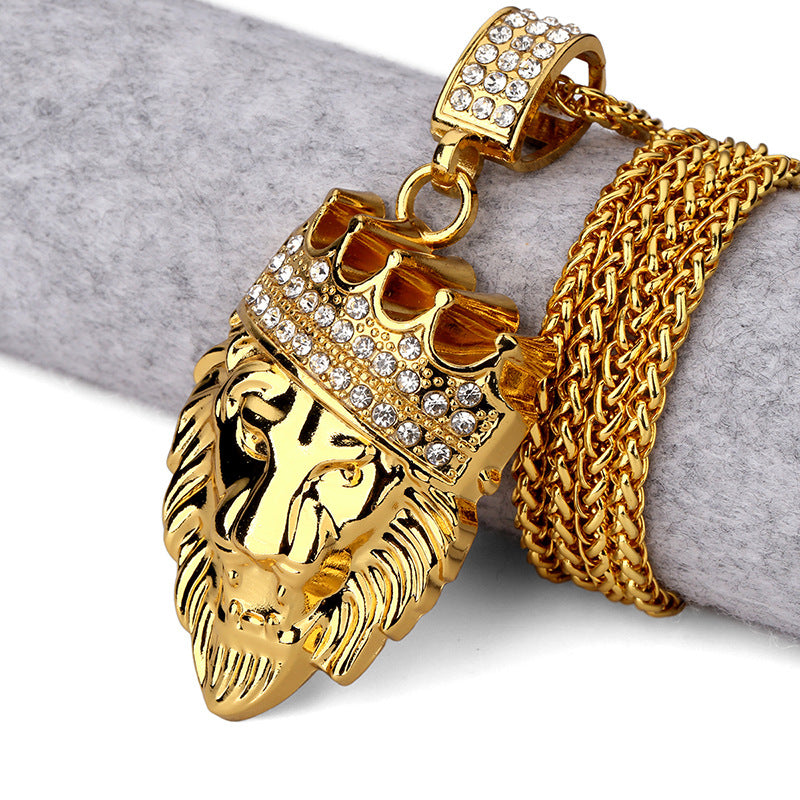 Hip Hop Tier Löwenkönig Krone Anhänger Halskette Mann Steampunk Goldfarben Legierung 75cm Kette Einlage Strass Modeschmuck WE02