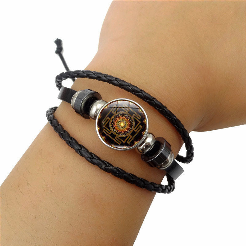 Geometría Sagrada Sri Yantra Hebilla de Cristal Pulseras y Brazaletes de Cuero Multicapa para Hombres y Mujeres Joyería