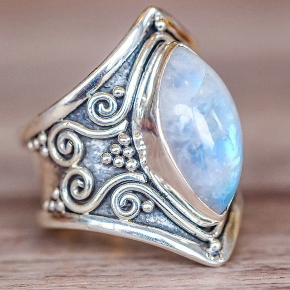 Antiker Silber-Vintage-Mondsteinring mit Armband