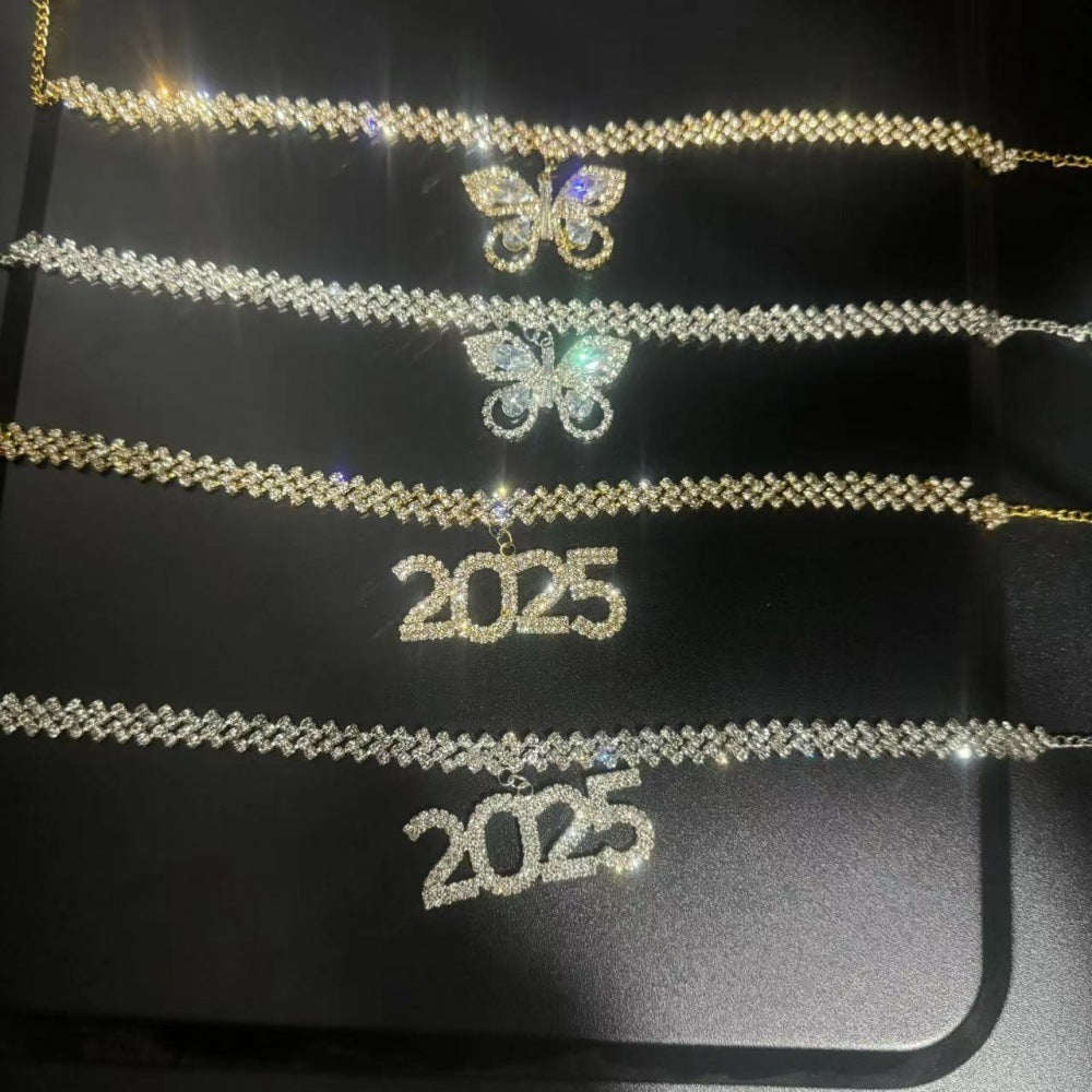 Rhinestone Pendant Cuban Necklace Short Clavicle Chain
