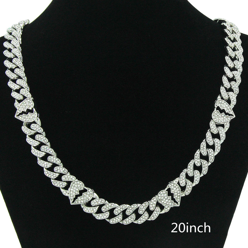 Men's And Women's Diamond Broken Heart Cuban Link Chain Necklace