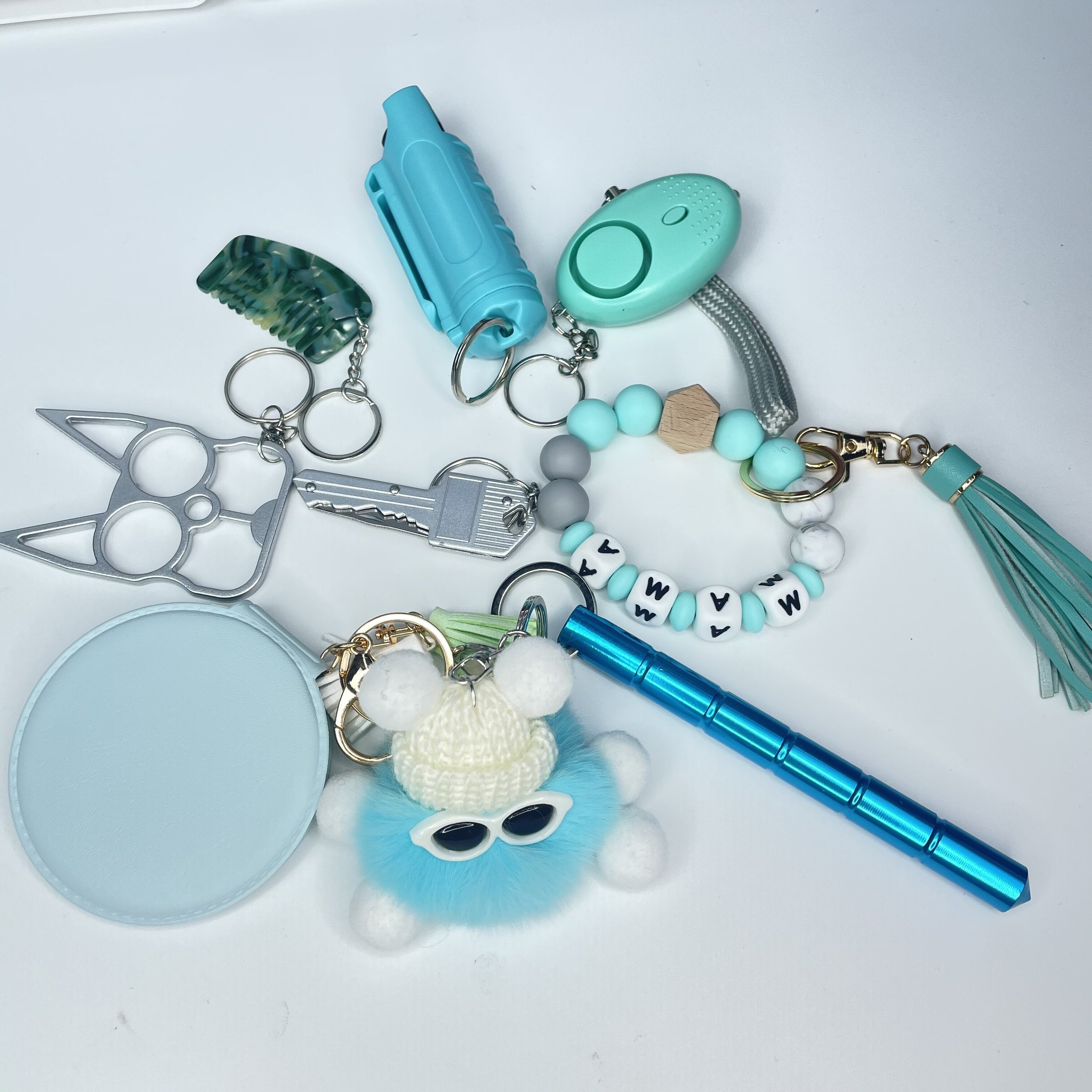 Bolsa de Lápiz Labial con Bola de Pelo, Pulsera, Llavero, Set de Pulseras