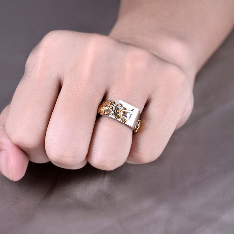 Nuevo anillo de circonita de dos colores con patrón de dragón dominante para hombre, estilo punk y hip hop
