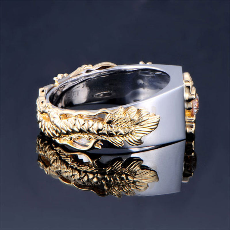Nuevo anillo de circonita de dos colores con patrón de dragón dominante para hombre, estilo punk y hip hop