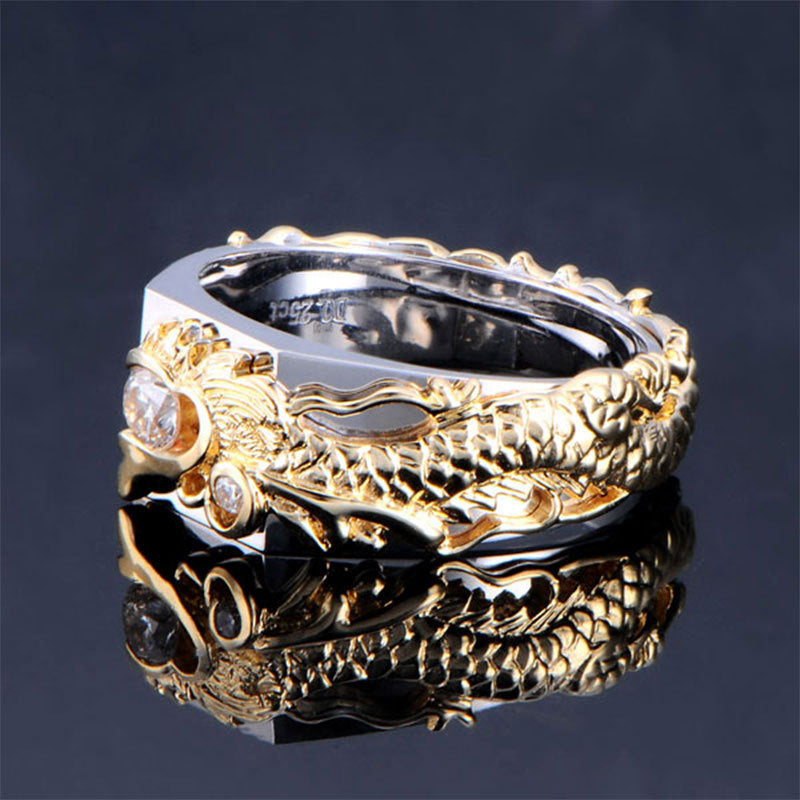 Neuer Herren-Ring mit dominierendem Drachenmuster, zweifarbigem Zirkonia und Strass, Mode Punk Hip Hop