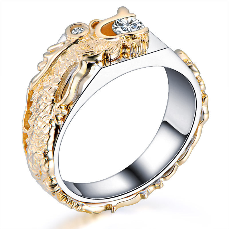 Neuer Herren-Ring mit dominierendem Drachenmuster, zweifarbigem Zirkonia und Strass, Mode Punk Hip Hop