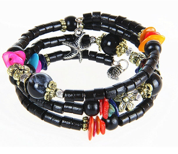 Nationaler Vintage-Holzarmreif aus buddhistischen Perlen, Muschel, Seestern-Anhänger, Holzarmband, Damenstil, Holzperlenarmband