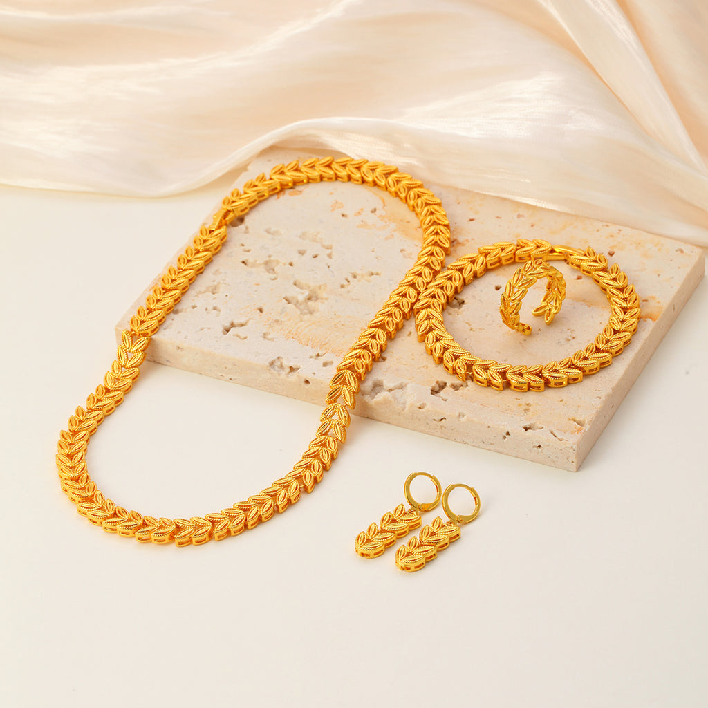 5pcs Retro Elegant 18k Gold Maple Leaf Women's Jewelry Set, Temperament Bridal Jewelry