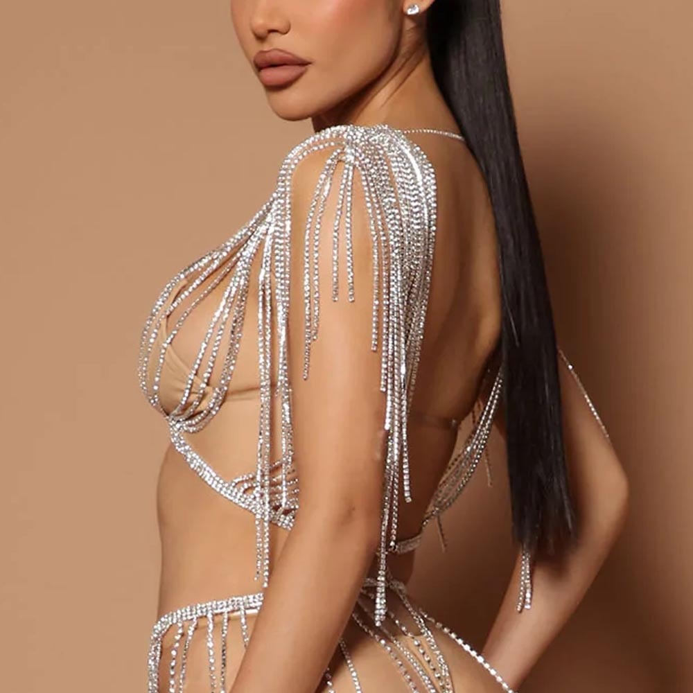 Nueva cadena de cuerpo de sujetador con diamantes de imitación en capas para mujer