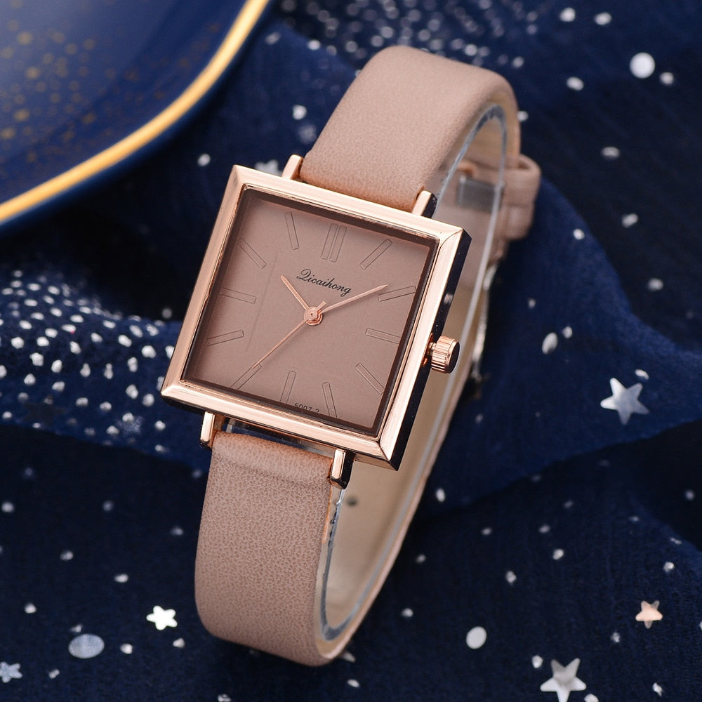 Pulsera Cuadrada de Cuero Contratado con Reloj de Cristal para Mujer, Relojes de Pulsera para Mujer, Reloj de Cuarzo para Señoras