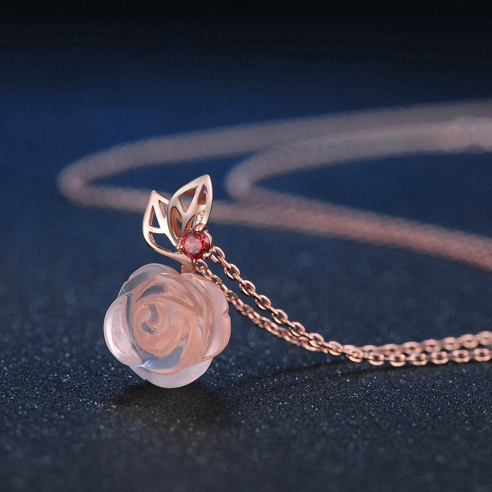 Blume Rosenquarz Edelsteine 18K Roségold plattiert Feiner Schmuck Silber Set