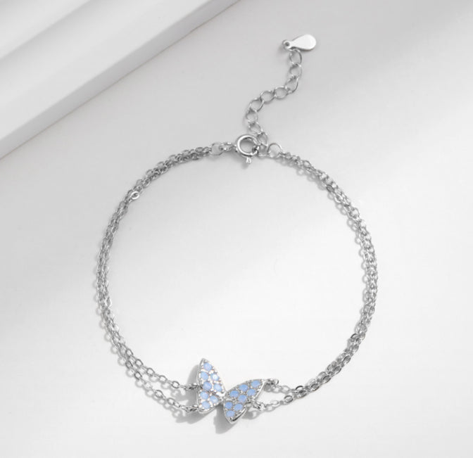 S925 Silver Double-layer Bracelet Exquisite Beautiful Crystal Butterfly