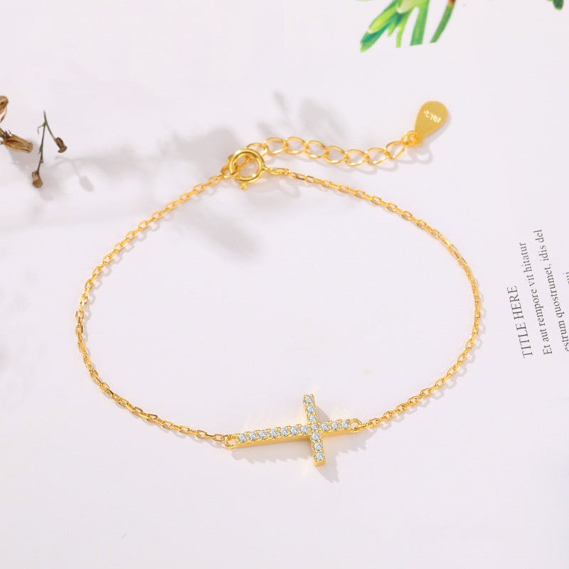 Pulsera delgada sencilla con cruz de plata S925, moda femenina