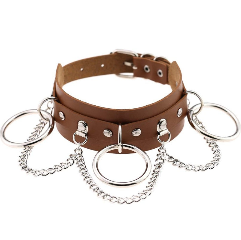 European and American style personality exaggerated PU leather collar necklace Punk street shooting nightclub O-ring chain clavicle chain neck collar