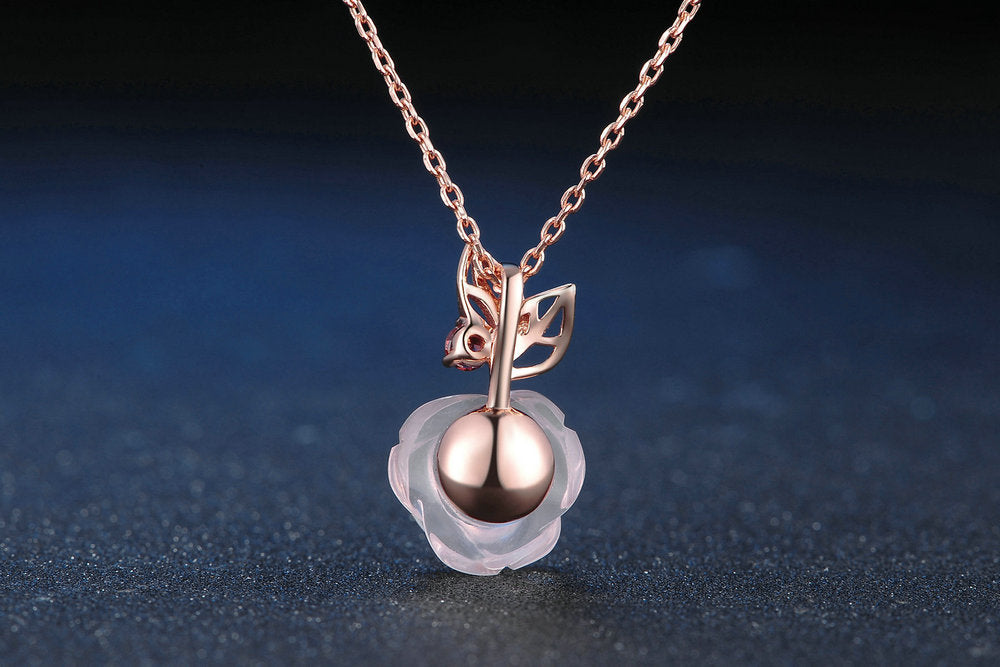 Blume Rosenquarz Edelsteine 18K Roségold plattiert Feiner Schmuck Silber Set