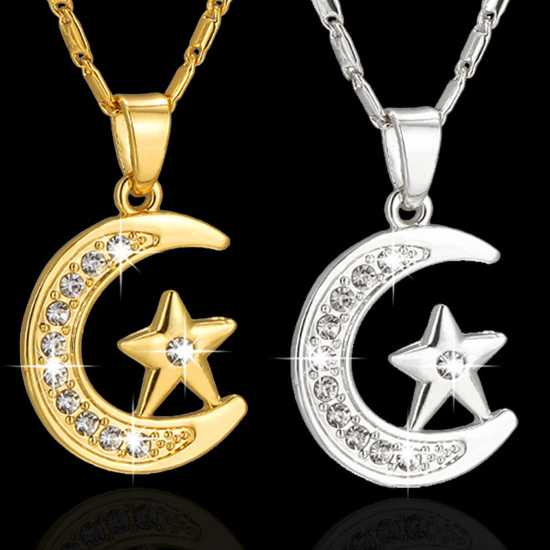 Muslim Mondsichel-Anhänger Halskette Silber Gold Farbe Zirkonia CZ Islam Mond Stern Schmuck Damen Geschenk