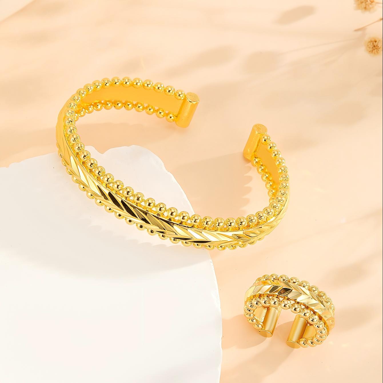 2 pulseras vintage chapadas en oro, brazalete abierto con anillo, conjunto de joyas para mujer para bodas y festivales