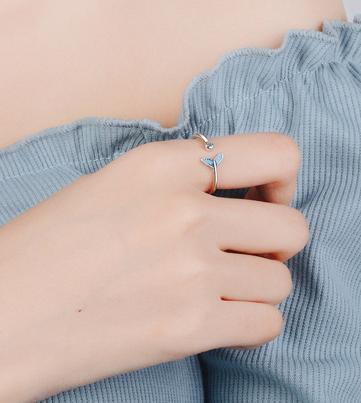 Anillo de cola de sirena azul de color plata a la moda con circonita cúbica, cola de pez, bague, anillos de regalo románticos