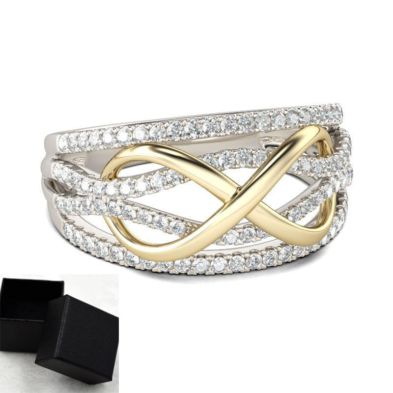 Einfacher Ring im Trenty-Stil mit zweifarbiger runder Zirkonia-Schleife aus Kupfer für Damen, Hochzeit, Verlobung, Schmuck-Accessoires
