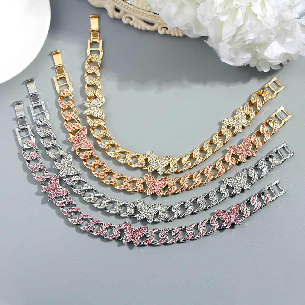 Tobillera de cadena cubana con accesorios de mariposa de diamantes completos con personalidad