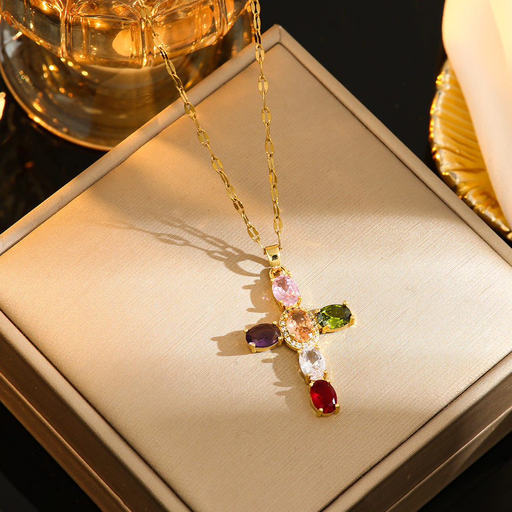 Collar con cruz de circonitas de colores con diamantes que no se desvanece