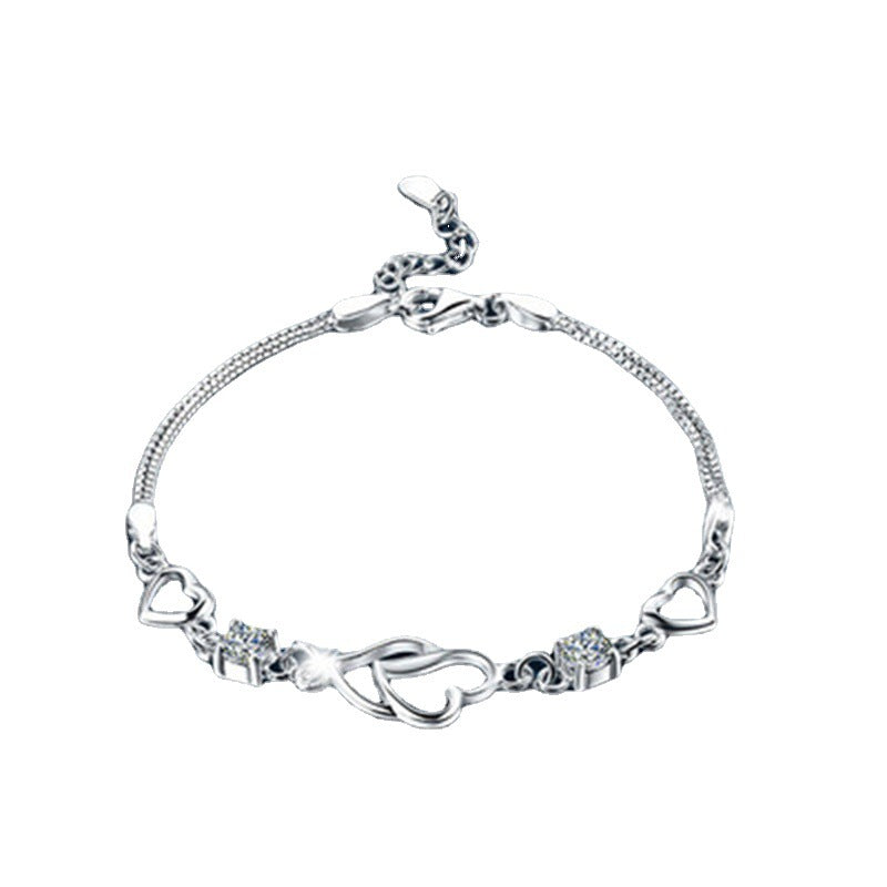 White Copper Silver-plated Heart-shaped Bracelet Heart-to-heart Diamond