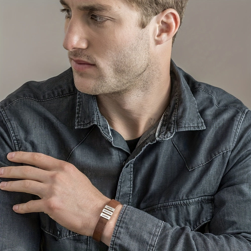 Pulsera con nombres familiares personalizada para hombres, brazalete de cuero con cuentas de acero inoxidable grabado, regalos para el Día del Padre