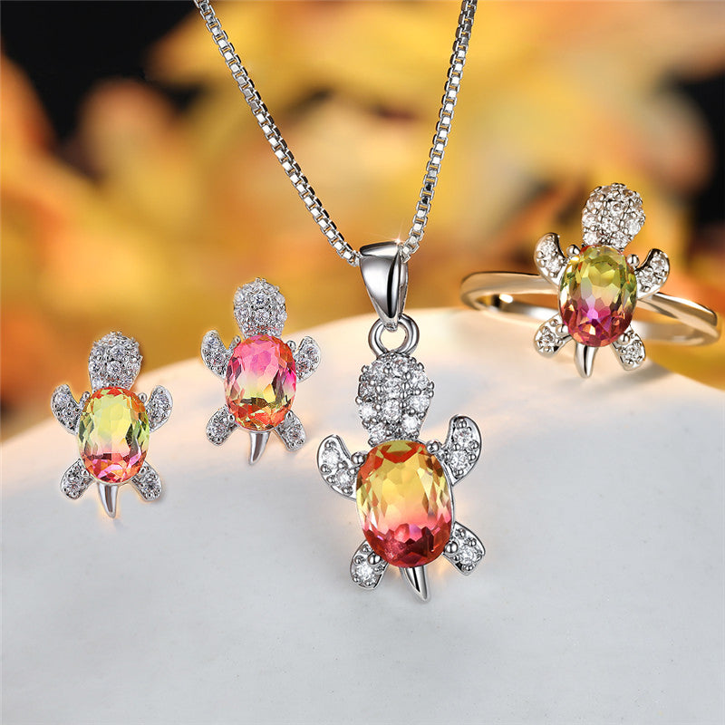 Mode Oval Zirkon Anhänger Schildkrötenform Halsketten mit Regenbogenstein Mehrfarbige Tierhalskette Schmuck für Damen und Kinder