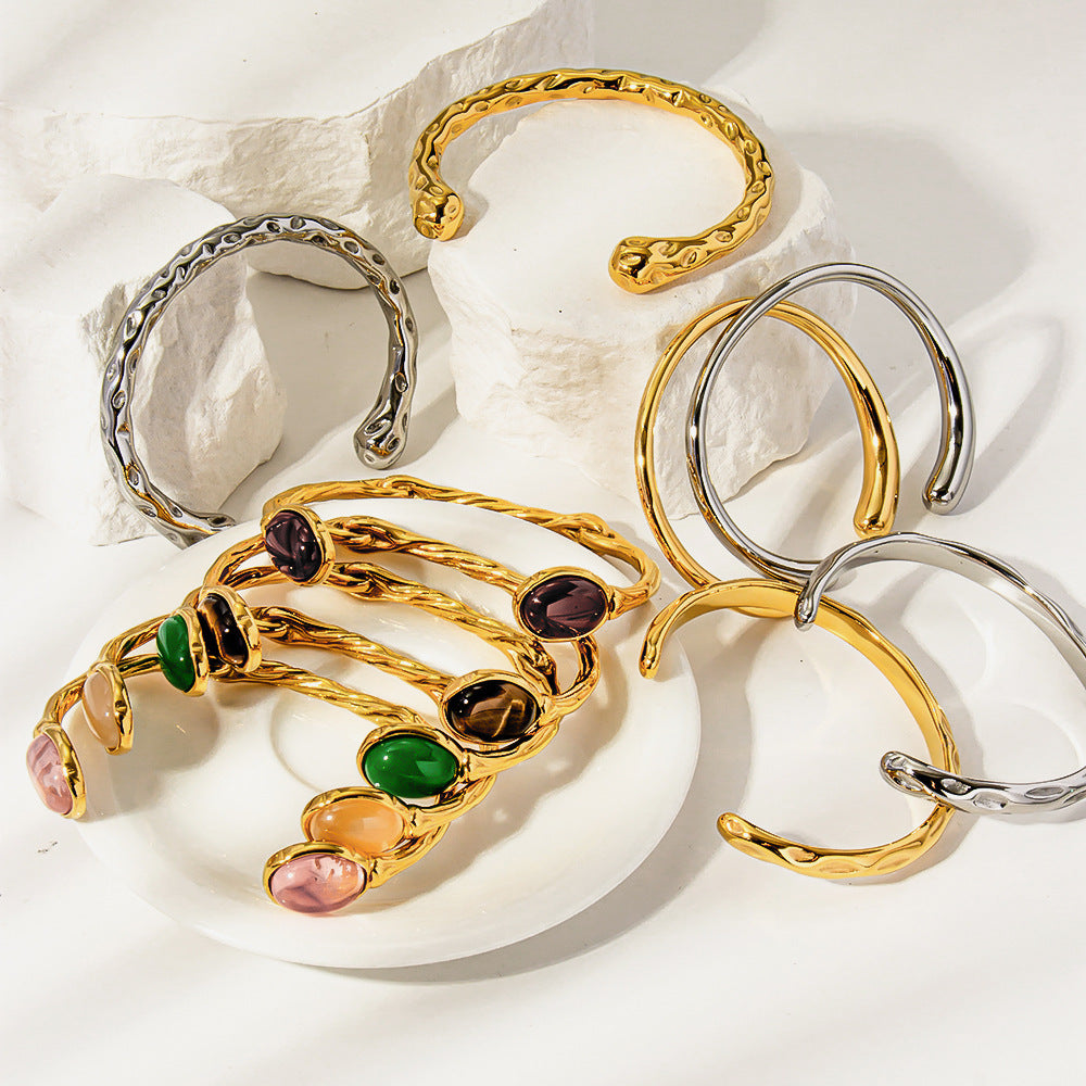 Retro Titanium Steel Plated 18K Bilateral Oval Color Natural Stone Open Irregular Adjustable Bracelet