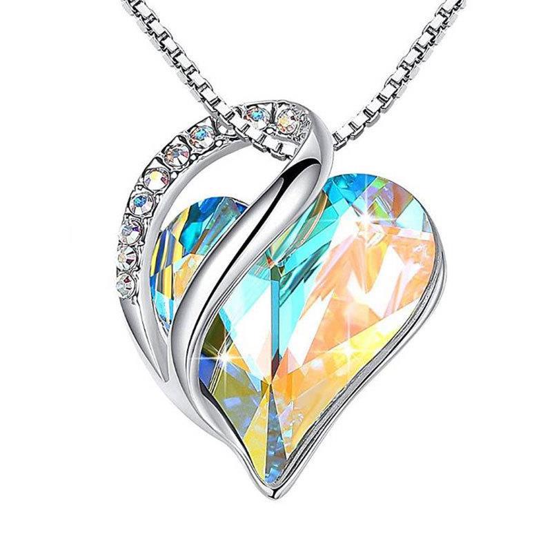 Sterling Silver Geometric Heart Shape Colorful Crystal Pendant Necklace For Women