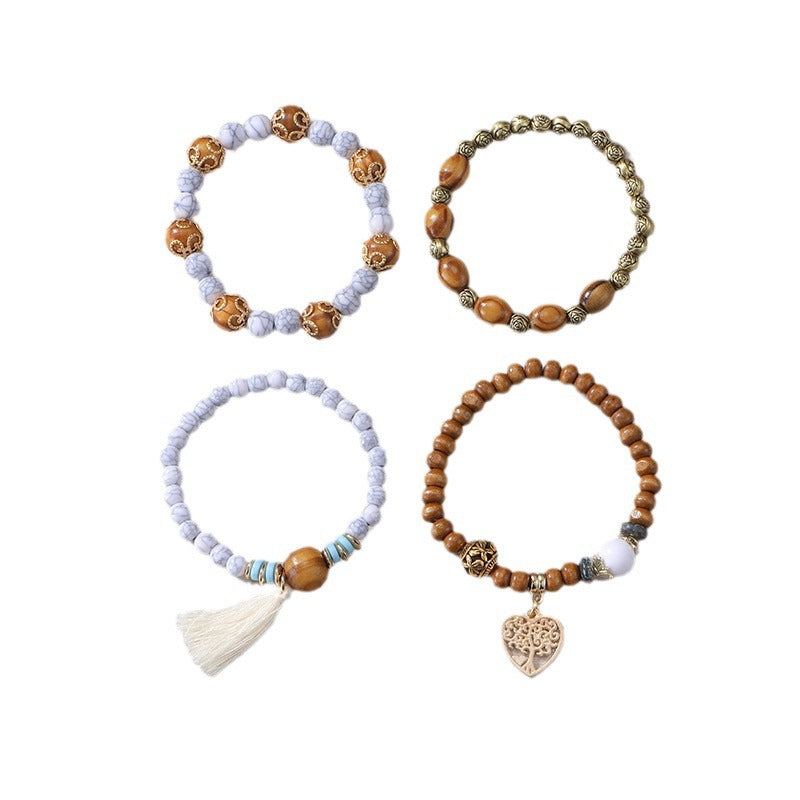 Pulsera Bohemia de Cuentas de Madera de Múltiples Capas