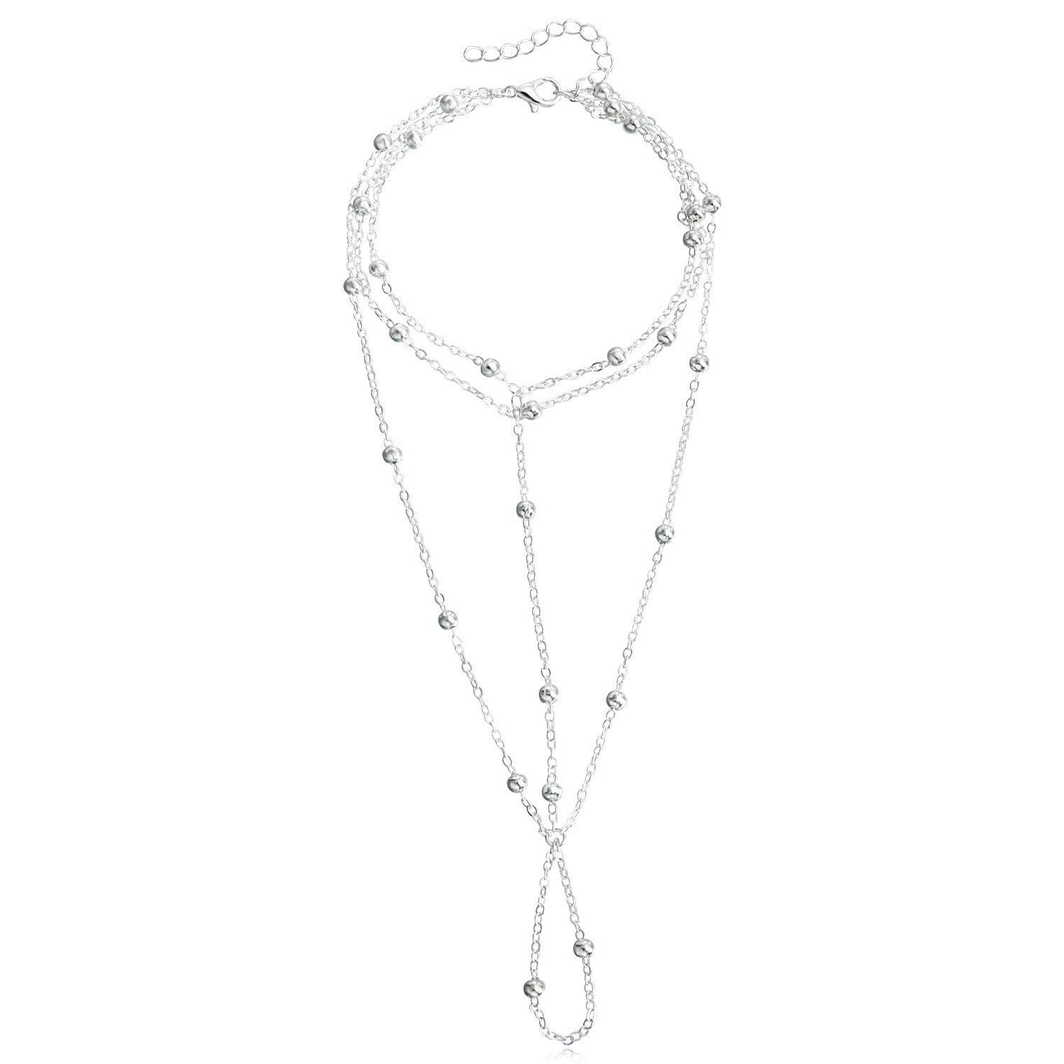 Tobillera de cadena de cuentas de metal plateado a la moda que conecta la pulsera del dedo del pie, tobilleras descalzas para mujer, joyería creativa de playa