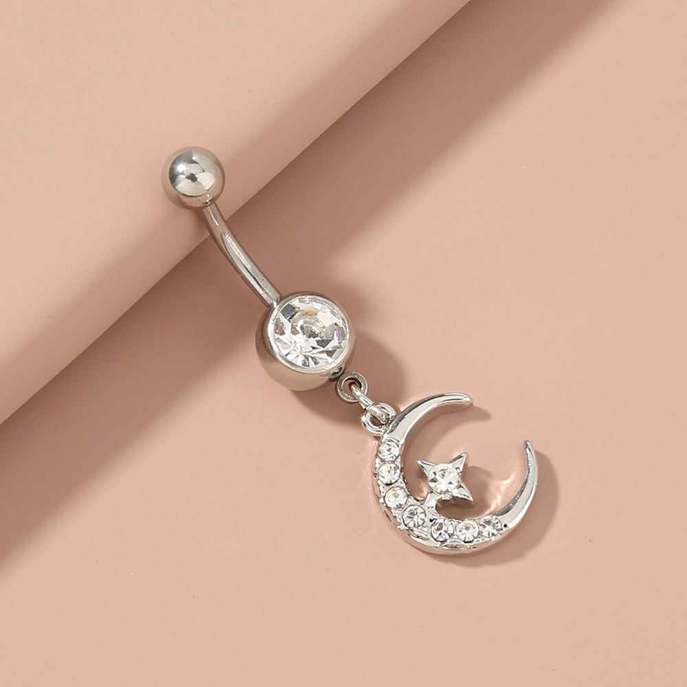 Pendientes de ombligo de acero inoxidable con diseño de luna y estrella con diamantes, exquisitos y brillantes, joyería de perforación corporal, tendencia de moda europea y americana.