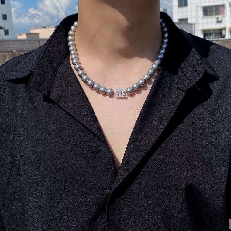 Mens Fashionable And Versatile Gray Pearl Letter Necklace