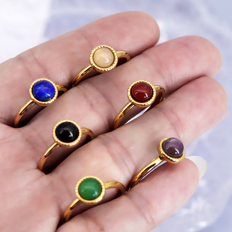 Joyería de moda Anillo de acero de titanio con incrustaciones de piedras naturales coloridas, chapado en oro de 18 quilates, pulsera de ágata roja, cristal rosa, amatista, azul San, joyas para mujer