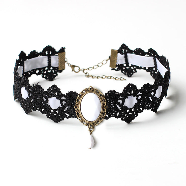 Halloween Kostüm Zubehör Set Siebenfarbige Halsketten Ethno-Stil Accessoires Gothic Choker Spitze Kragen Vintage Edelstein Schlüsselbeinkette