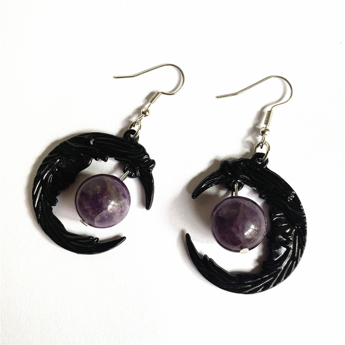 Gotisches Gesicht Schwarzer Halbmond Amethyst Anhänger Halskette Ohrringe