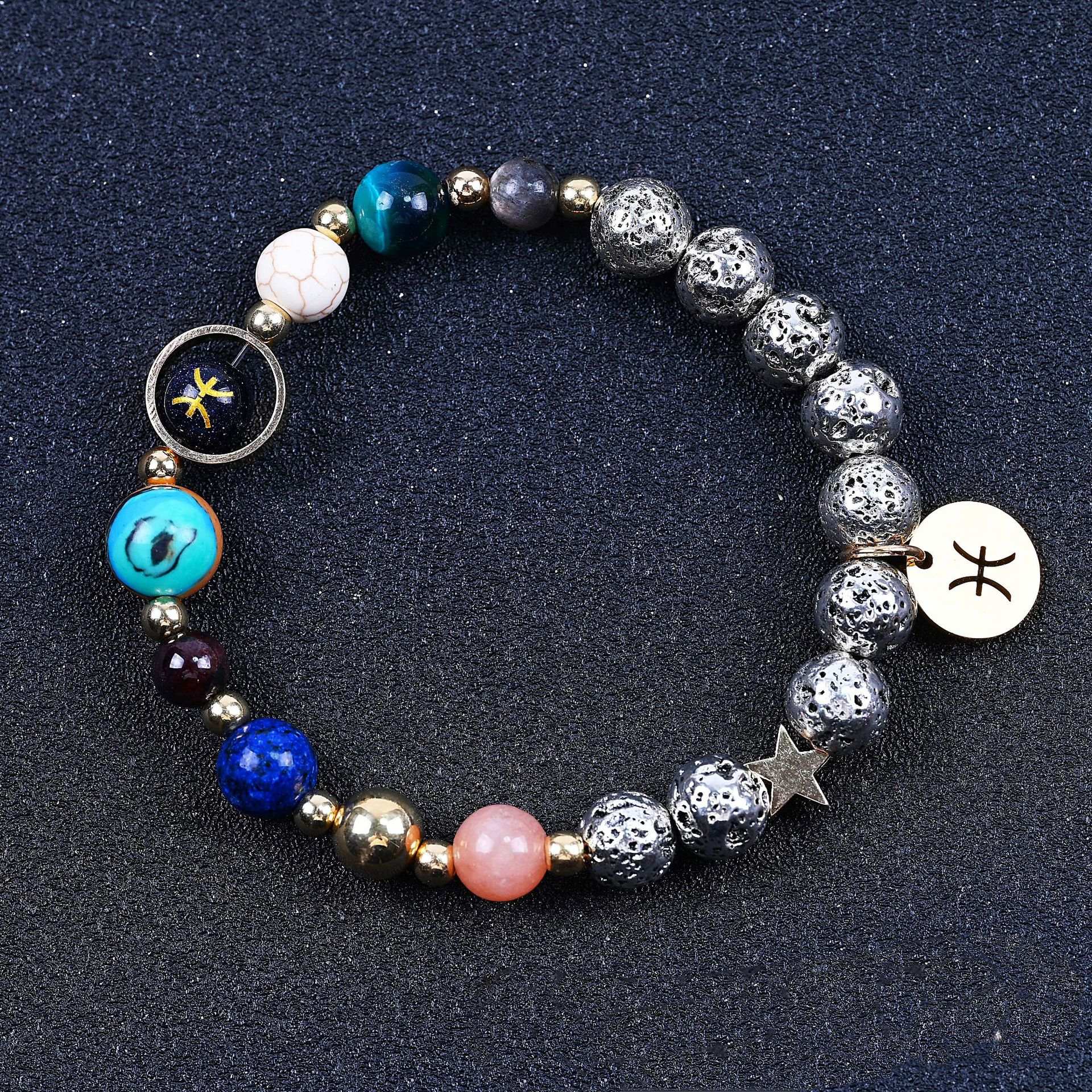Twelve Constellation Blue San Lettering Bracelet Antique Silver Volcanic Stone Bracelet