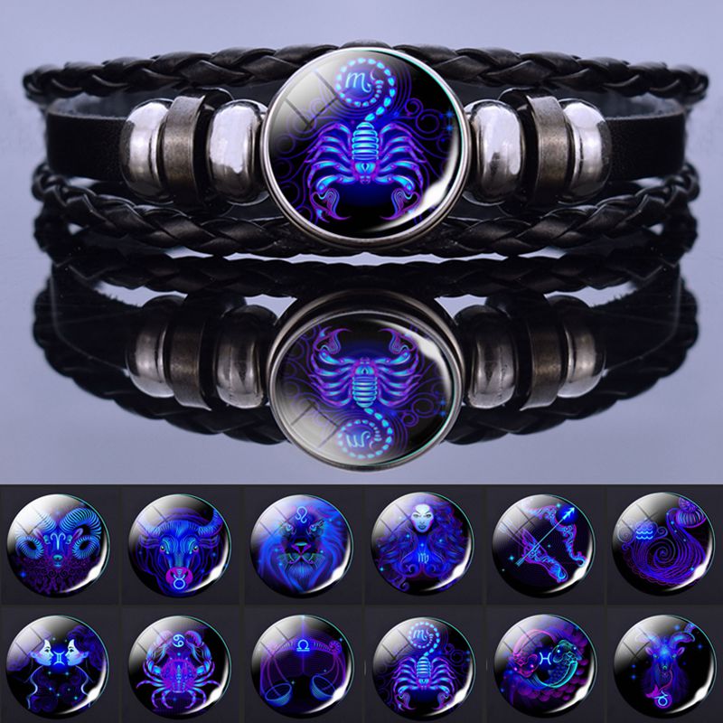 Leuchtendes Zwölf-Sternzeichen-Paar-Armband Schwarzes Lederarmband
