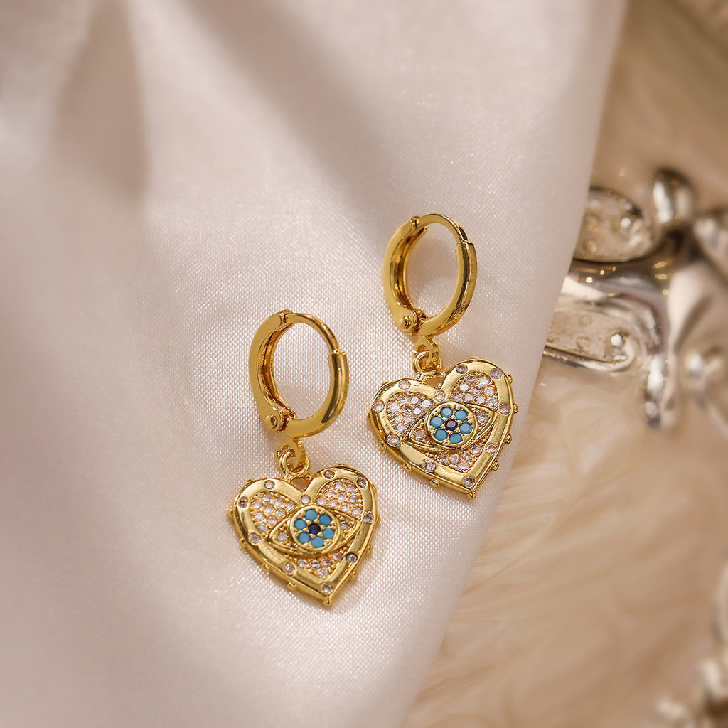 Modeschmuck Persönlichkeit Kupfer Plattiert Echtgold Herzförmiger Zirkon Anhänger Halskette Und Ohrringe Set