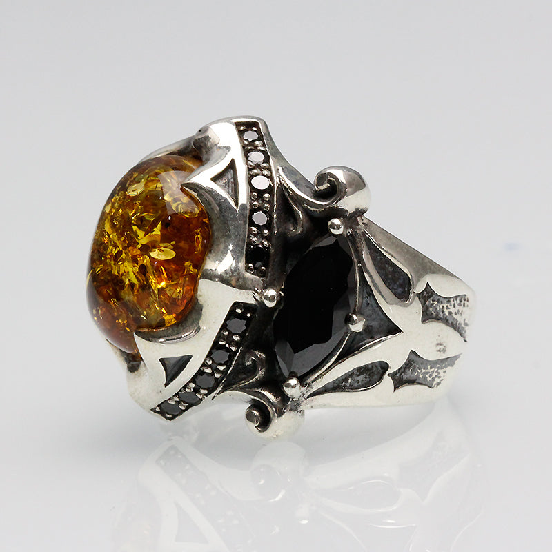 Anillo de plata tailandesa 925 retro con gema negra ámbar