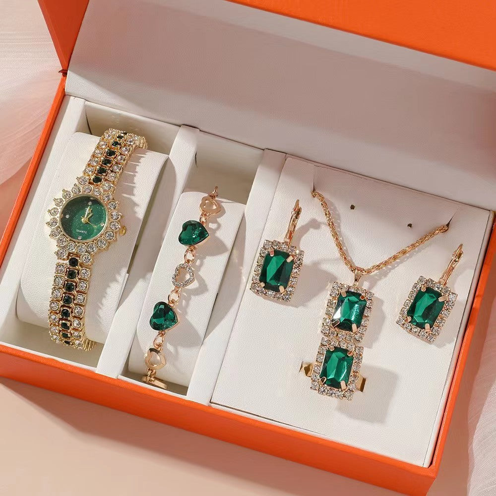Beliebte kleine grüne Damen-Stahlband-Quarzuhr Ring Geschenkset Verpacktes Fünfteiliges Set