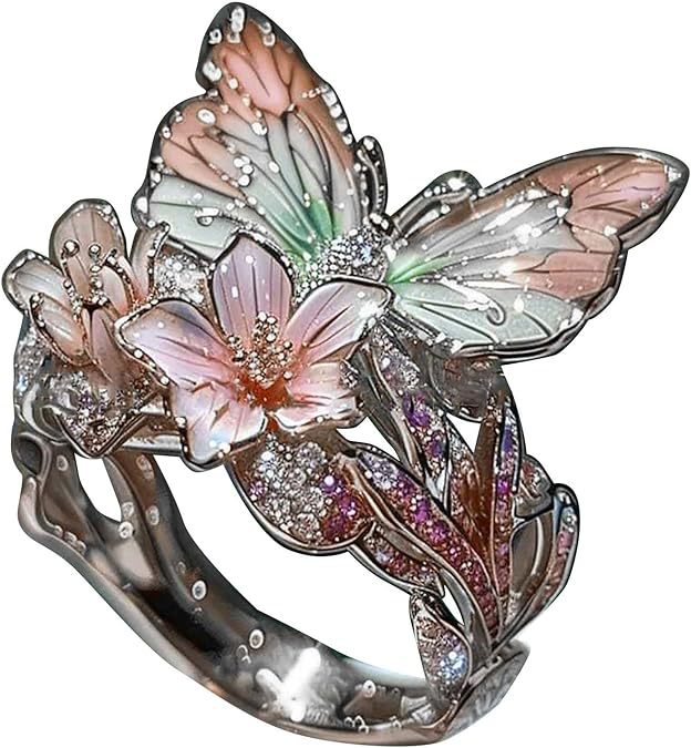 Anillo de mujer de mariposa y flor con aceite goteante, con incrustaciones de cristal 3D brillante, elegante, ajustable y transparente, chapado en oro, con diseño de animales e insectos, estilo estético, joyería de moda