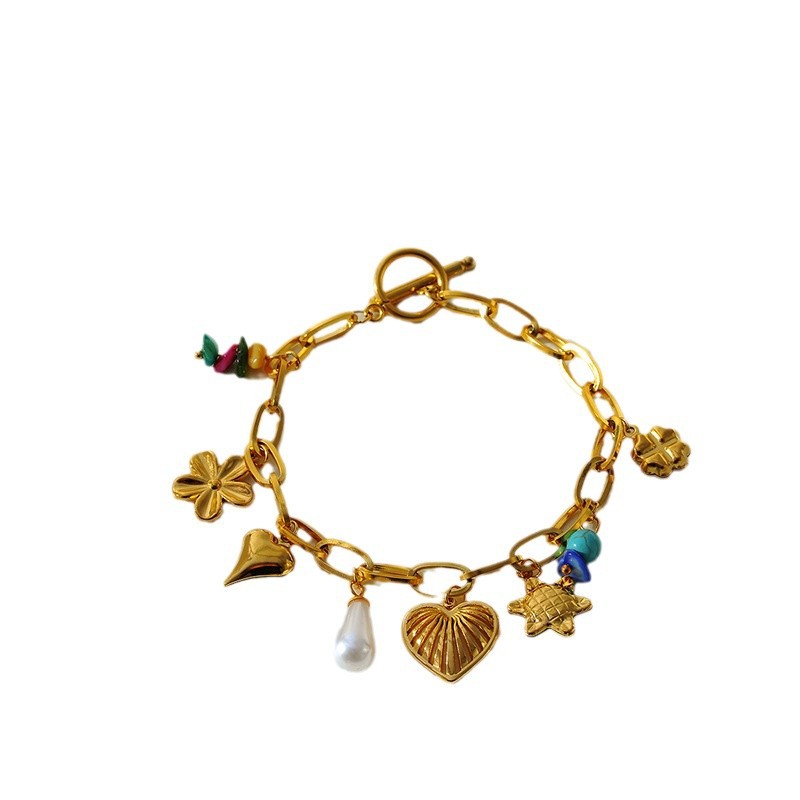 Flower Love Heart Multi-pendant Necklace Stainless Steel Bracelet