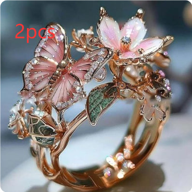 Anillo de mujer de mariposa y flor con aceite goteante, con incrustaciones de cristal 3D brillante, elegante, ajustable y transparente, chapado en oro, con diseño de animales e insectos, estilo estético, joyería de moda
