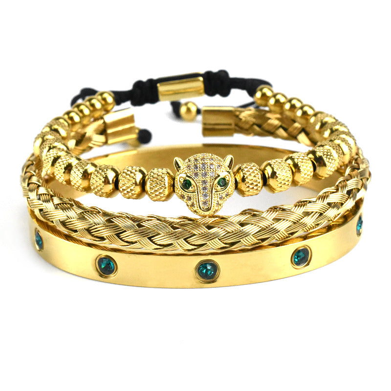Pulsera Microincrustada Cabeza de Leopardo Ojo Verde Acero Inoxidable Zircón Verde Diez Diamantes
