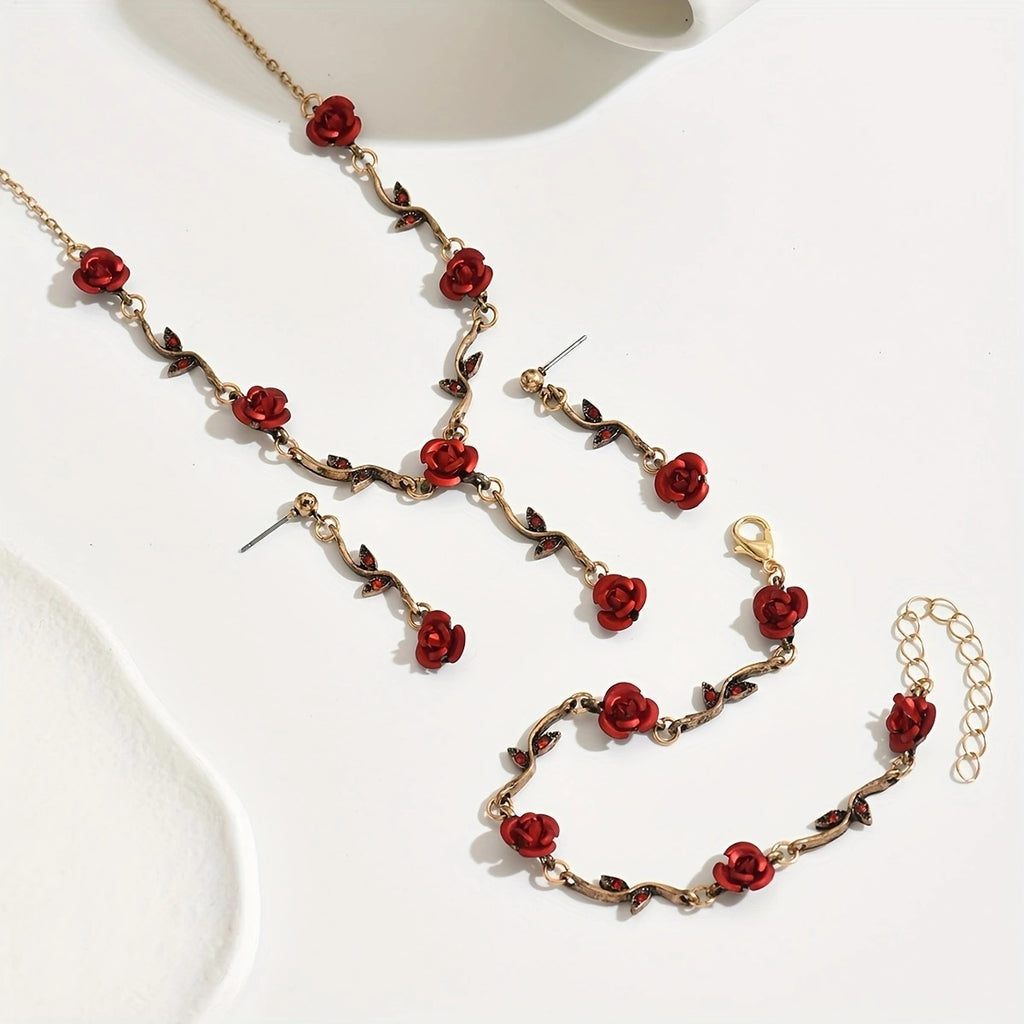 Lxalry Romantisches Rotes Rosen Schmuckset, Handgefertigte Galvanisierte Halskette, Armband & Ohrringe Trio, Brautgeschenk für Hochzeitselegant & Alltagsromantik